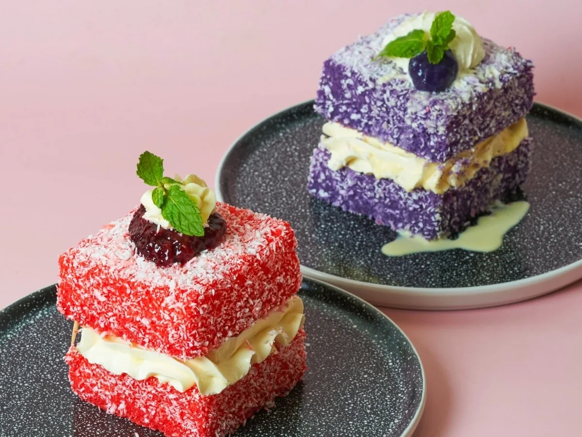 Colorful lamington-style bakery items from Bramble Bakehouse.
